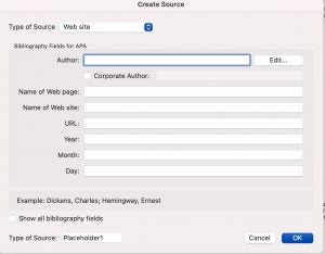 "create source" menu in Word