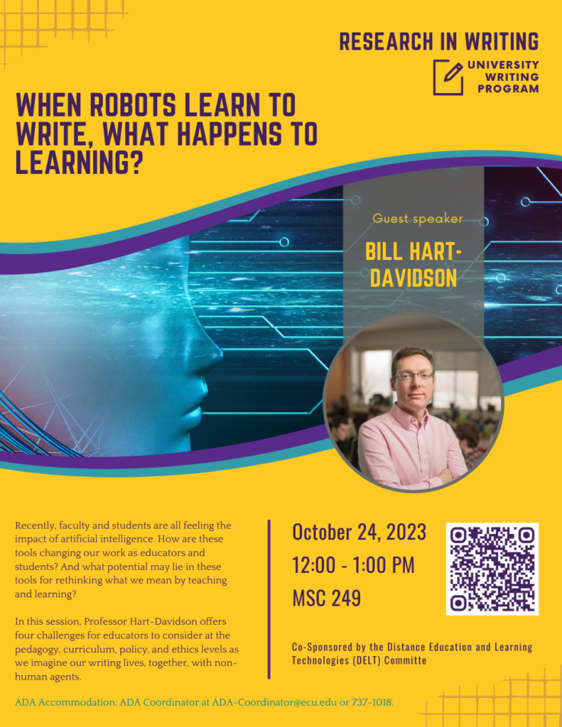 Promotional Flyer for Talk with Bill Hart-Davidson. Text on flyer is also on the webpage for screen reader accessibility.